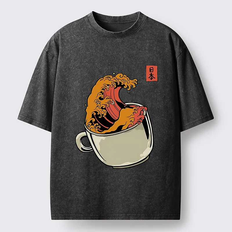 Tokyo-Tiger Japanese Wave Coffee Ukiyoe Washed T-Shirt