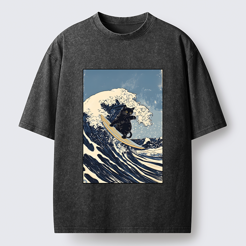 Tokyo-Tiger Black Cat Surfing Wave Japanese Ukiyoe Washed T-Shirt