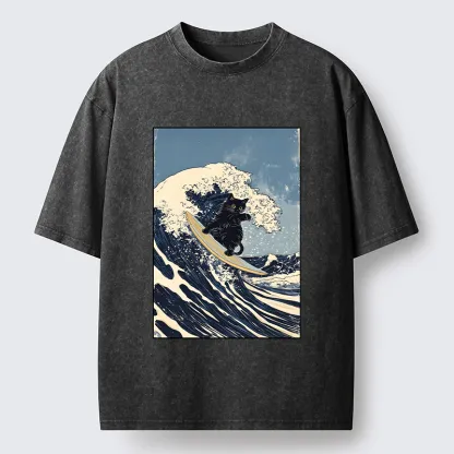 Tokyo-Tiger Black Cat Surfing Wave Japanese Ukiyoe Washed T-Shirt