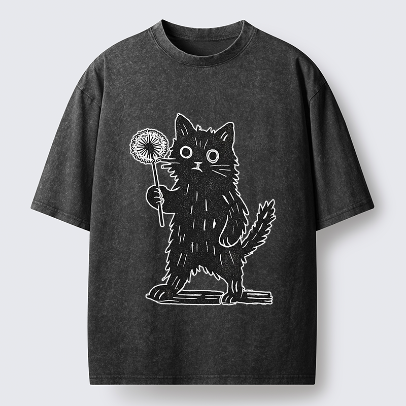 Tokyo-Tiger Cat And Dandelion Woodblock Washed T-Shirt