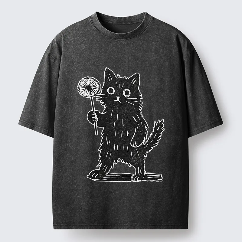 Tokyo-Tiger Cat And Dandelion Woodblock Washed T-Shirt