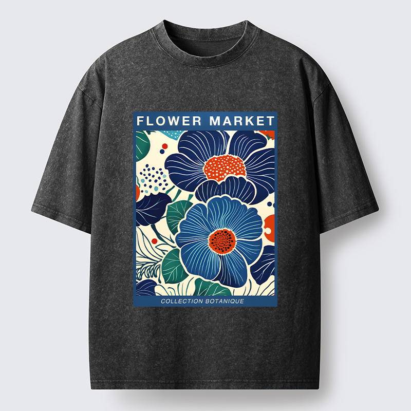 Tokyo-Tiger Blue Flowers Botanical Art Washed T-Shirt