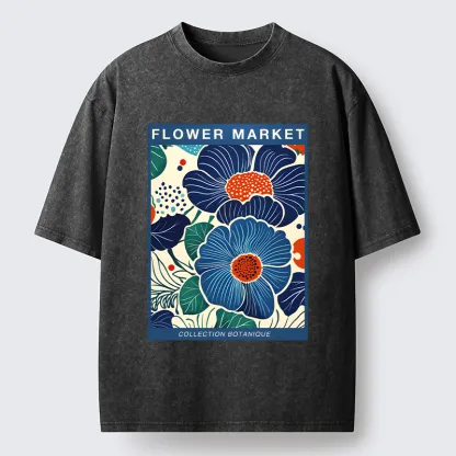 Tokyo-Tiger Blue Flowers Botanical Art Washed T-Shirt