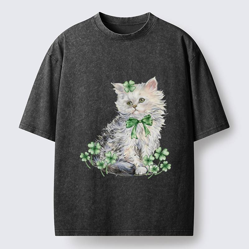 Tokyo-Tiger St Patricks Day Cat Clover Washed T-Shirt