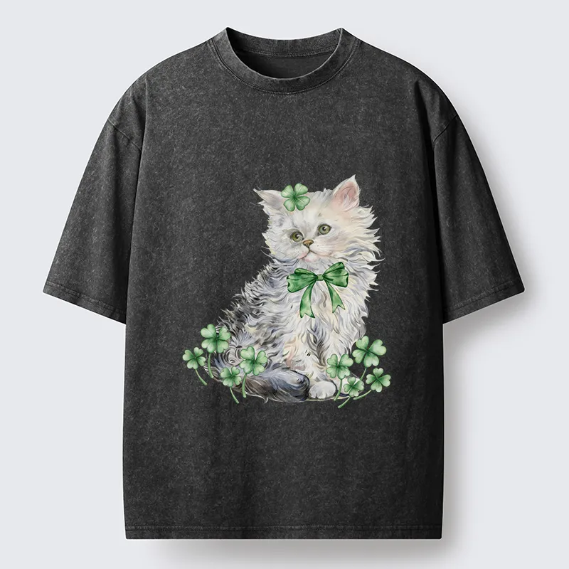 Tokyo-Tiger St Patricks Day Cat Clover Washed T-Shirt