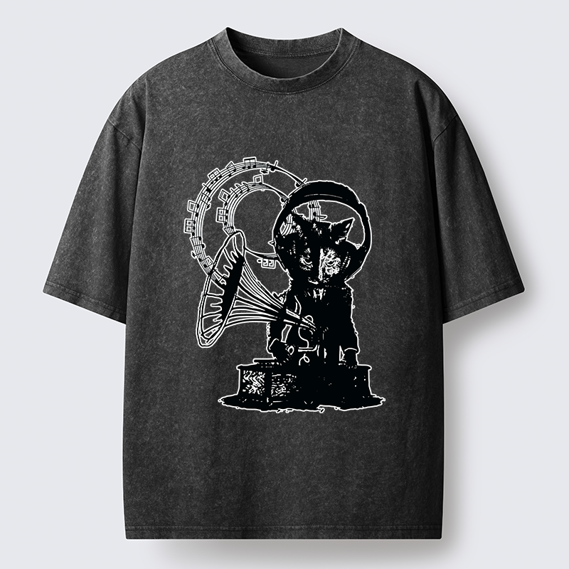 Tokyo-Tiger Vintage Cat Phonograph Music Washed T-Shirt