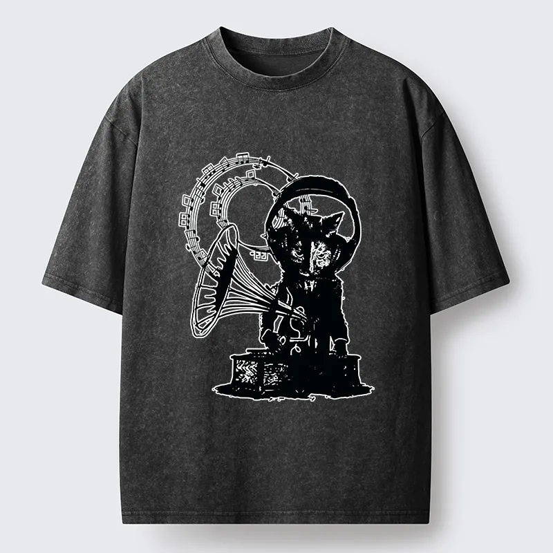 Tokyo-Tiger Vintage Cat Phonograph Music Washed T-Shirt