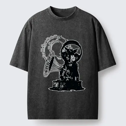Tokyo-Tiger Vintage Cat Phonograph Music Washed T-Shirt