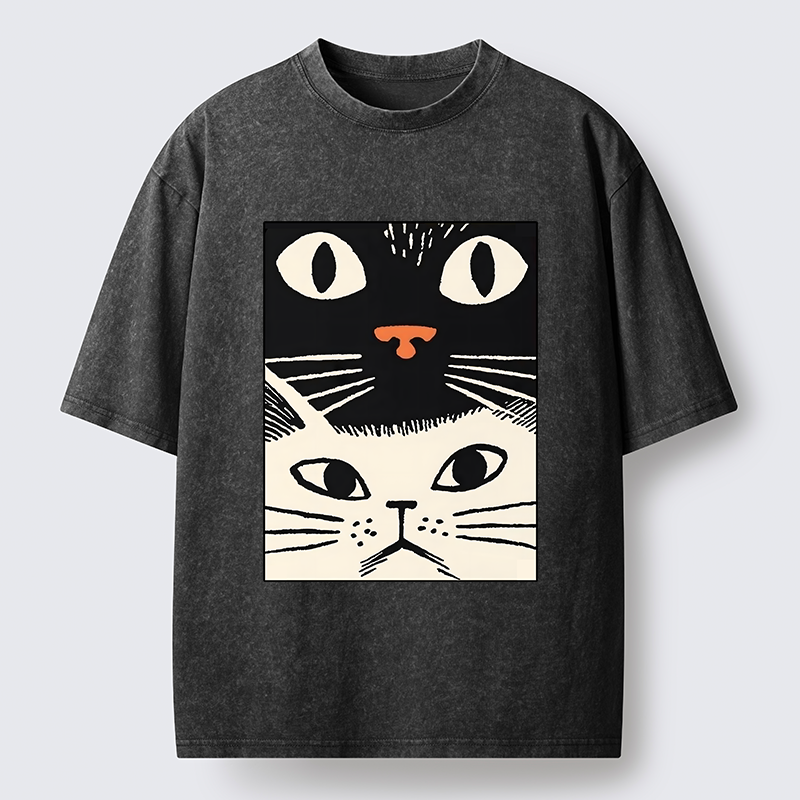 Tokyo-Tiger Black Cat And White Cat Washed T-Shirt
