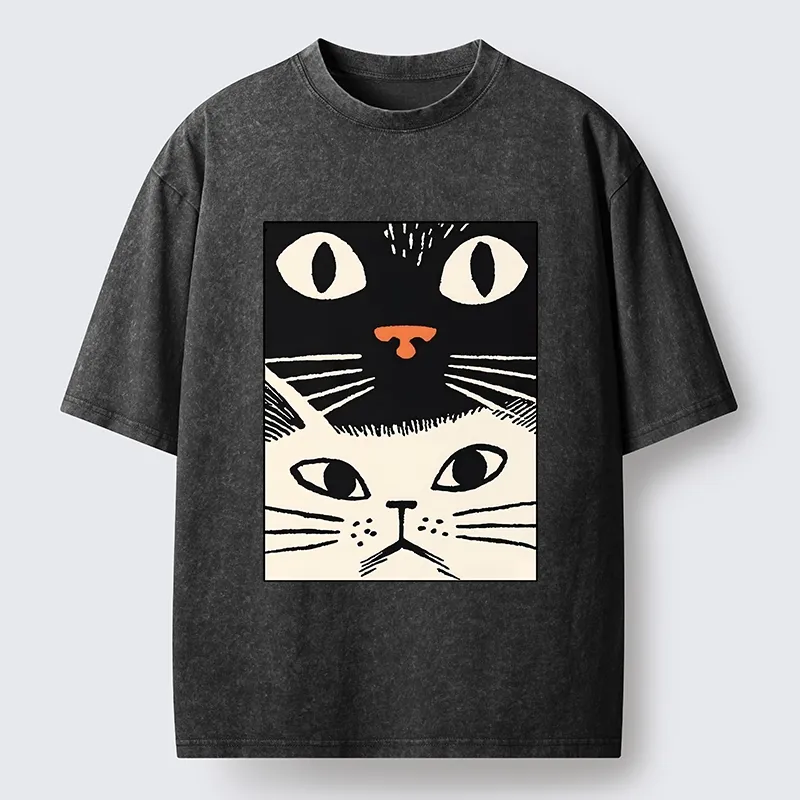 Tokyo-Tiger Black Cat And White Cat Washed T-Shirt