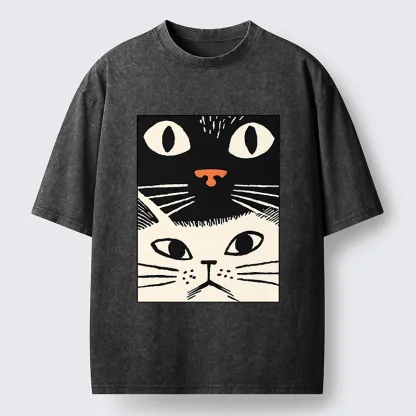 Tokyo-Tiger Black Cat And White Cat Washed T-Shirt