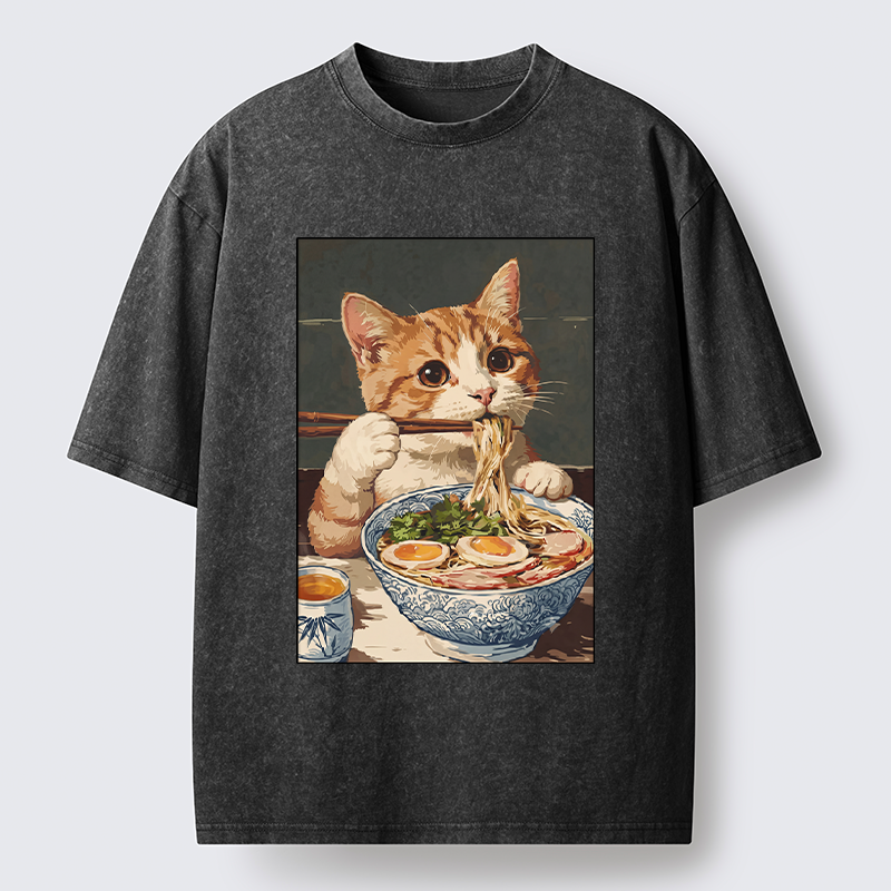 Tokyo-Tiger Cute Cat Eating Ramen Japanese Poster Washed T-Shirt