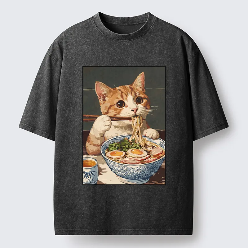 Tokyo-Tiger Cute Cat Eating Ramen Japanese Poster Washed T-Shirt