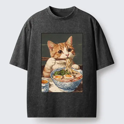 Tokyo-Tiger Cute Cat Eating Ramen Japanese Poster Washed T-Shirt