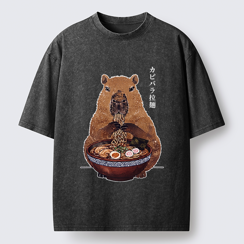 Tokyo-Tiger Japanese Retro Capybara Eating Ramen Washed T-Shirt