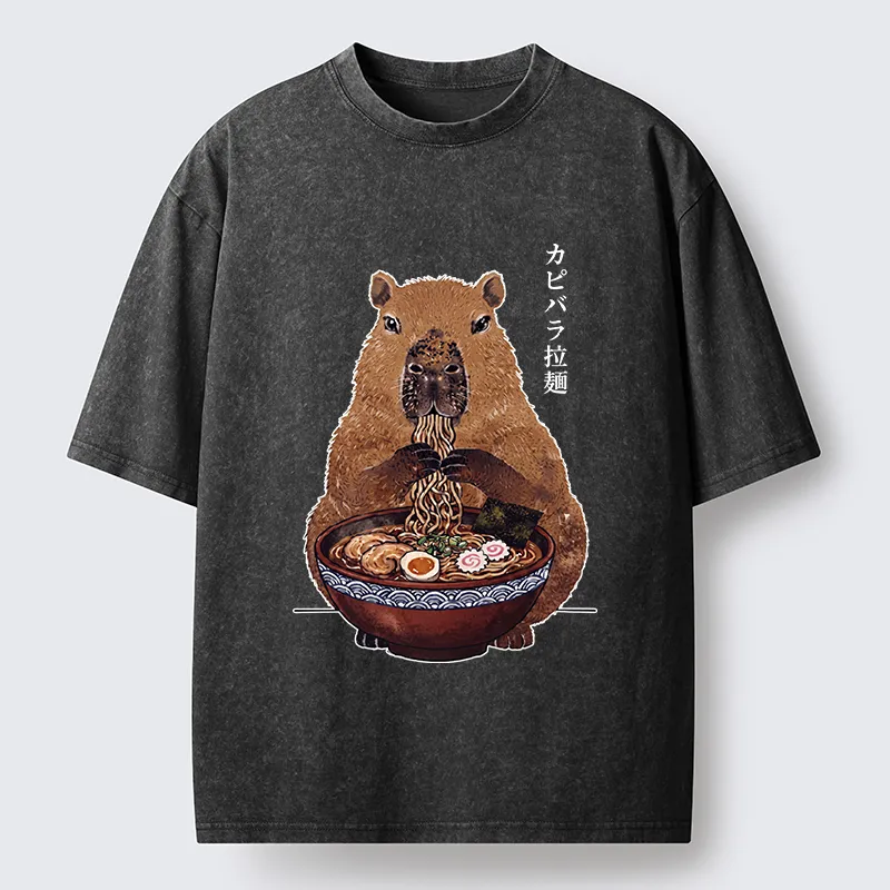 Tokyo-Tiger Japanese Retro Capybara Eating Ramen Washed T-Shirt