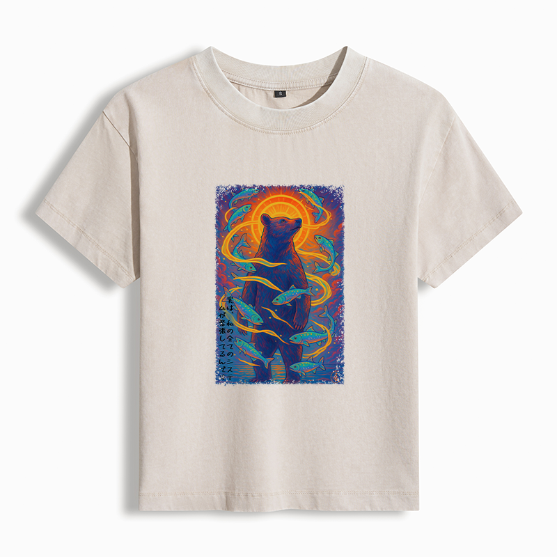 Tokyo-Tiger Ukiyoe Bear and Fish Vintage Poster Women's Washed T-shirt