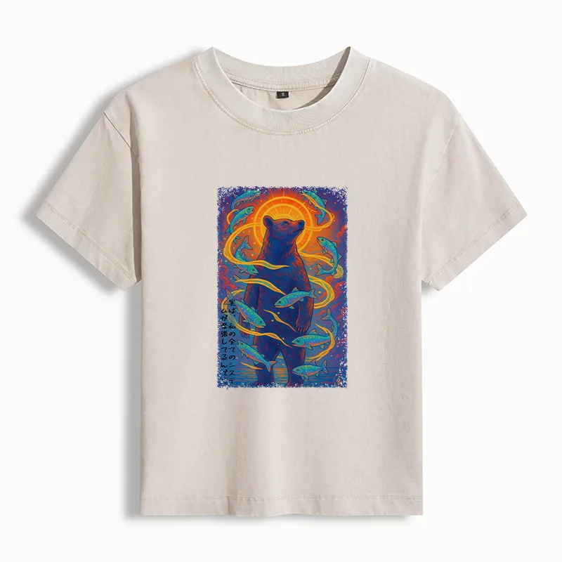 Tokyo-Tiger Ukiyoe Bear and Fish Vintage Poster Women's Washed T-Shirt Sale