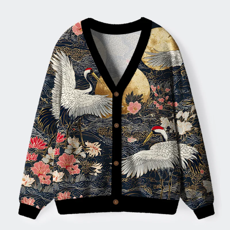 Tokyo-Tiger Traditional Crane Ugly Cardigan Sweater