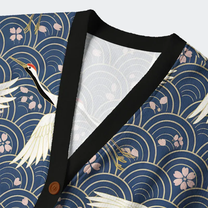 Tokyo-Tiger White Crane Japan Ugly Cardigan Sweater