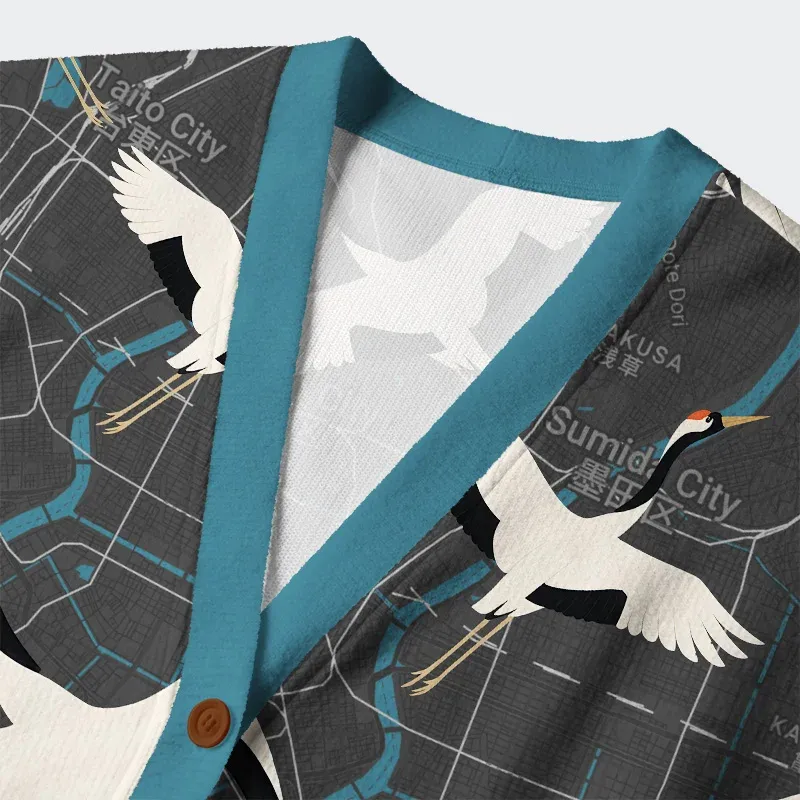 Tokyo-Tiger Cranes And The Subway Line Ugly Cardigan Sweater