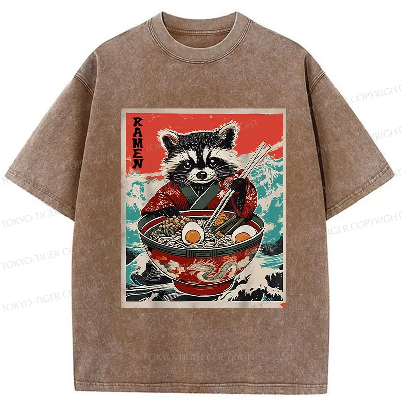 Tokyo-Tiger Ramen-loving Raccoon Washed T-Shirt