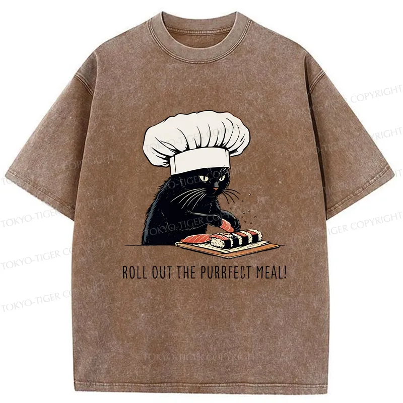 Tokyo-Tiger Roll Out The Purrfect Meal Washed T-Shirt