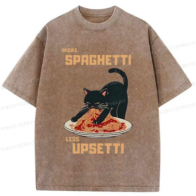 Tokyo-Tiger Cat Eating Spaghetti Washed T-Shirt