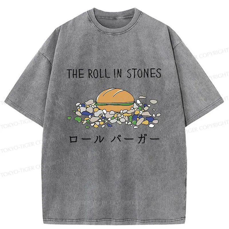 Tokyo-Tiger Rolling Hamburger Funny Washed T-Shirt