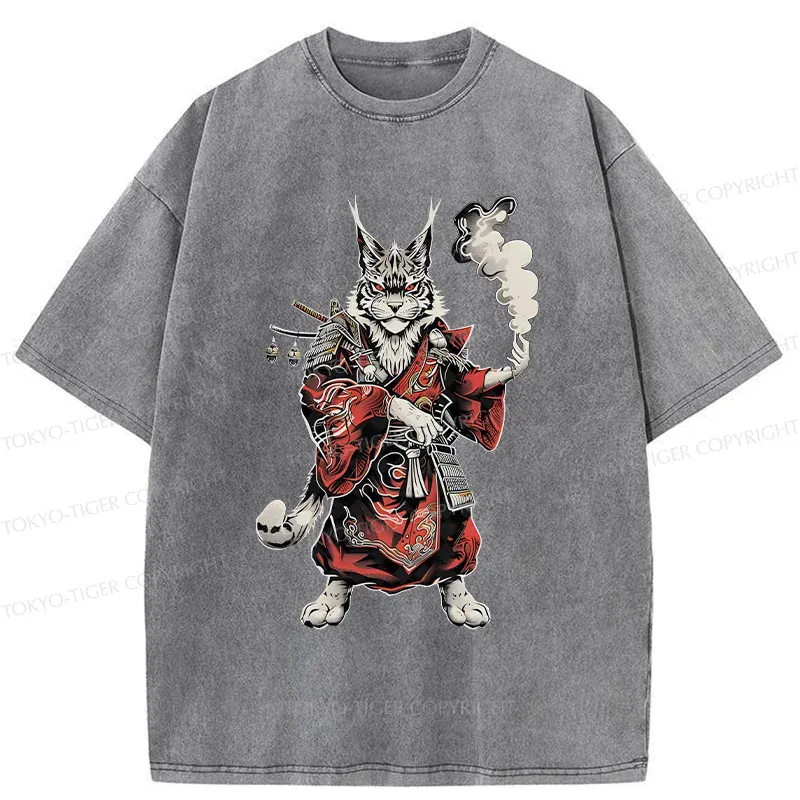 Tokyo-Tiger Fierce Cat Japanese Samurai Washed T-Shirt