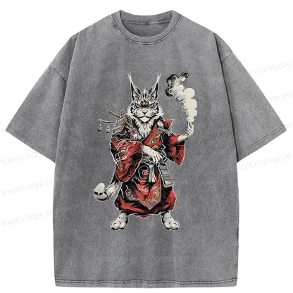 Tokyo-Tiger Fierce Cat Japanese Samurai Washed T-Shirt