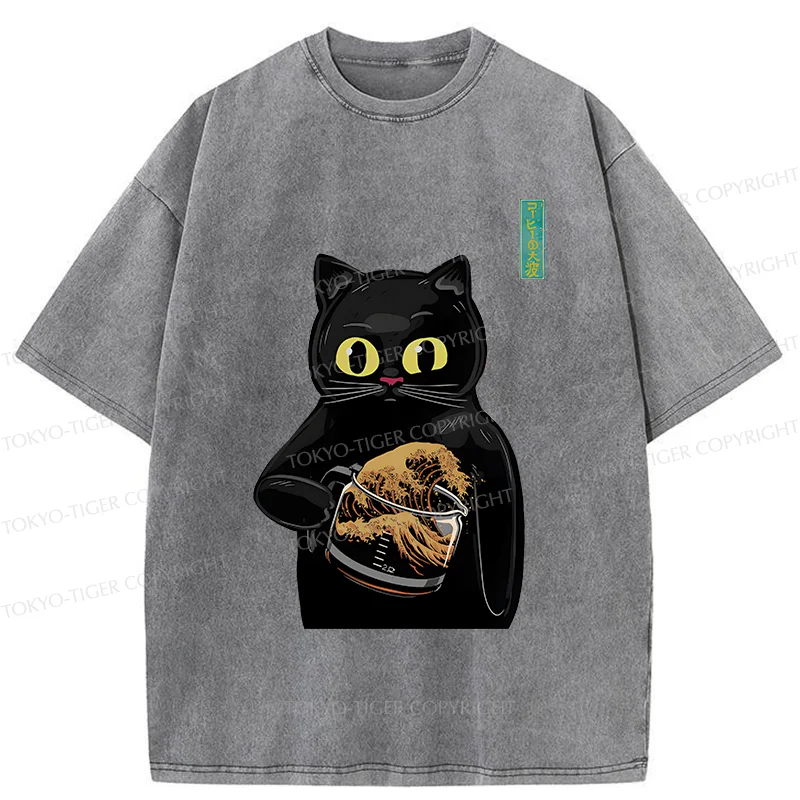 Tokyo-Tiger Black Cat Holding Coffee Washed T-Shirt