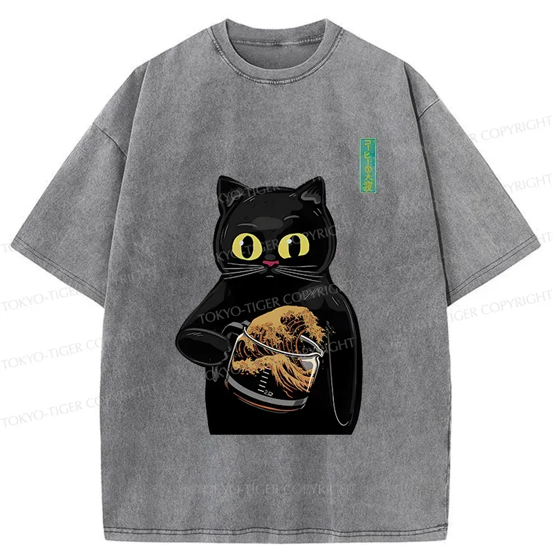 Tokyo-Tiger Black Cat Holding Coffee Washed T-Shirt