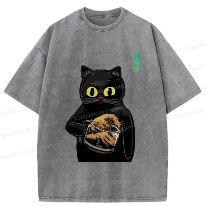 Tokyo-Tiger Black Cat Holding Coffee Washed T-Shirt