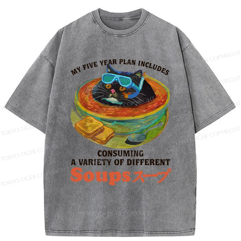 Tokyo-Tiger Cat Drinking Soup Washed T-Shirt