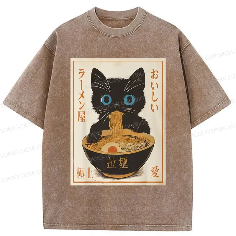Tokyo-Tiger Vintage Cat Eating Ramen Washed T-Shirt