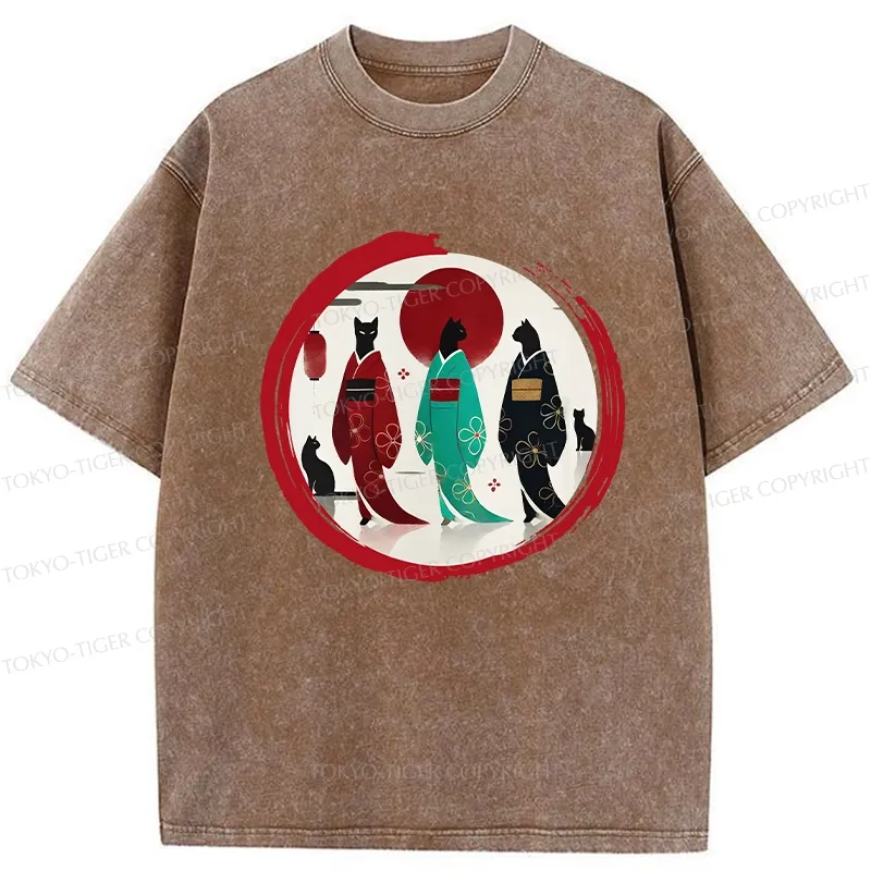 Tokyo-Tiger Black Cat Geisha Washed T-Shirt