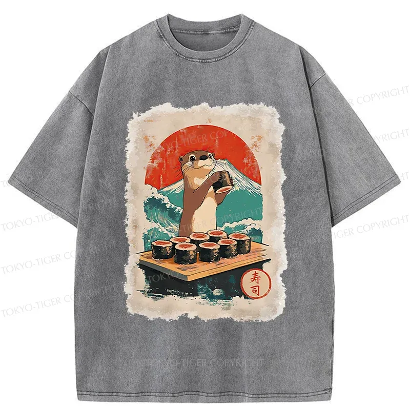 Tokyo-Tiger Otter Eating Sushi Washed T-Shirt