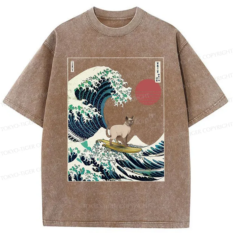 Tokyo-Tiger Siamese Cat Surfing Washed T-Shirt