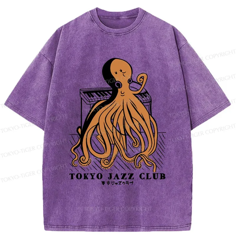Tokyo-Tiger Octopus Playing Piano Washed T-Shirt