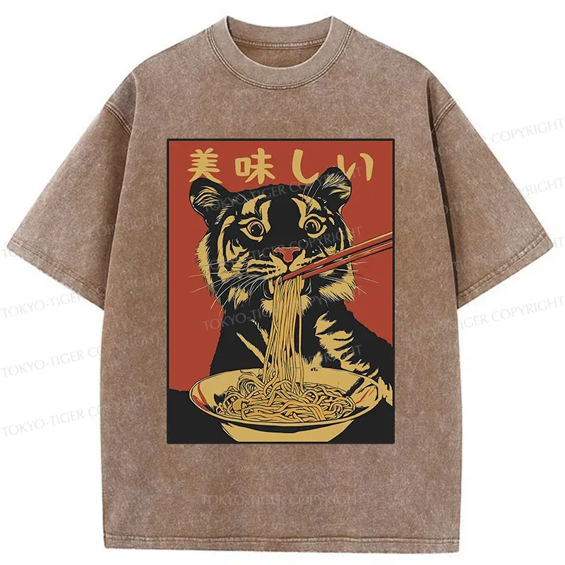 Tokyo-Tiger Tiger Eating Delicious Ramen Washed T-Shirt