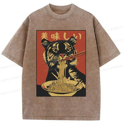 Tokyo-Tiger Tiger Eating Delicious Ramen Washed T-Shirt