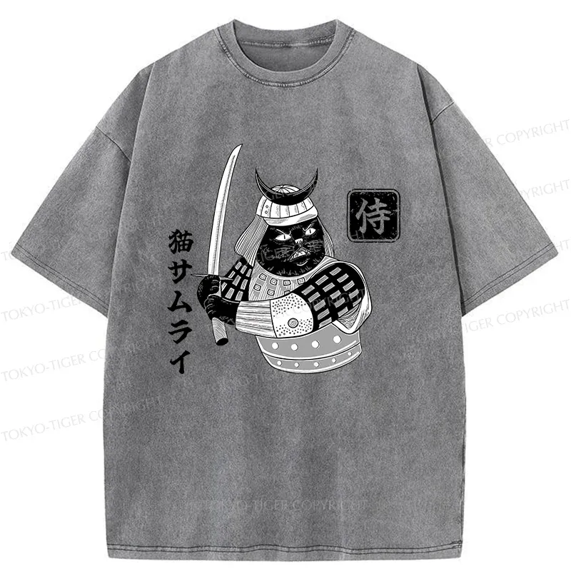 Tokyo-Tiger Cat Samurai With Sword Washed T-Shirt