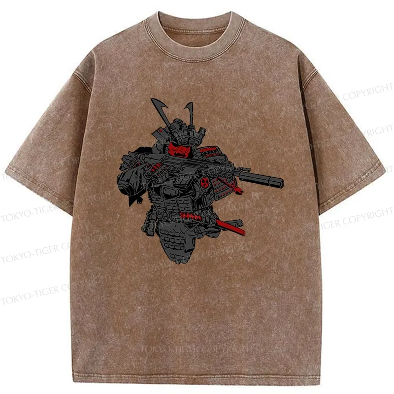 Tokyo-Tiger Samurai Holding A Gun Washed T-Shirt