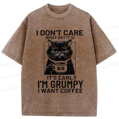 Tokyo-Tiger Funny Grumpy Cat Washed T-Shirt