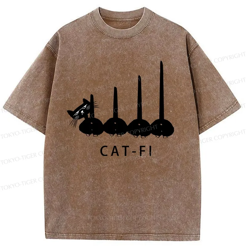 Tokyo-Tiger Funny CAT-FI Washed T-Shirt