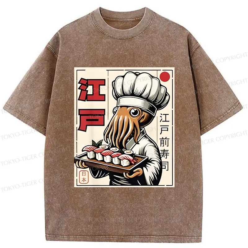 Tokyo-Tiger Octopus Chef Making Sushi Washed T-Shirt