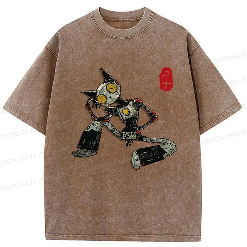 Tokyo-Tiger Contemplative Robot Cat Washed T-Shirt