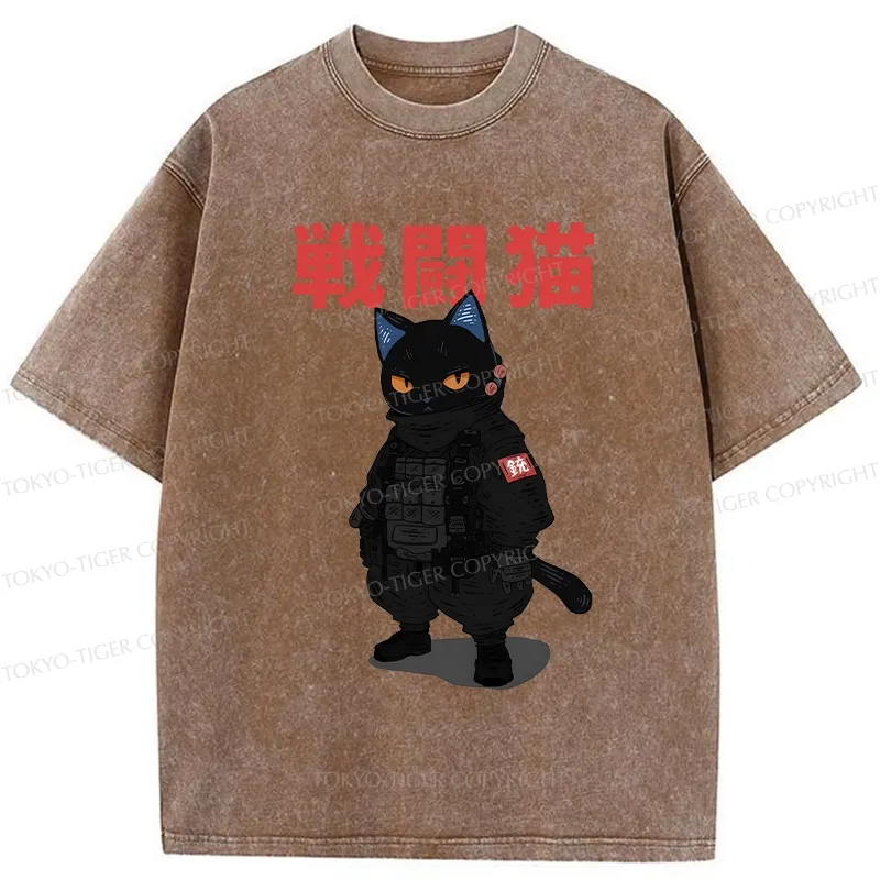 Tokyo-Tiger Fighting Cat Washed T-Shirt