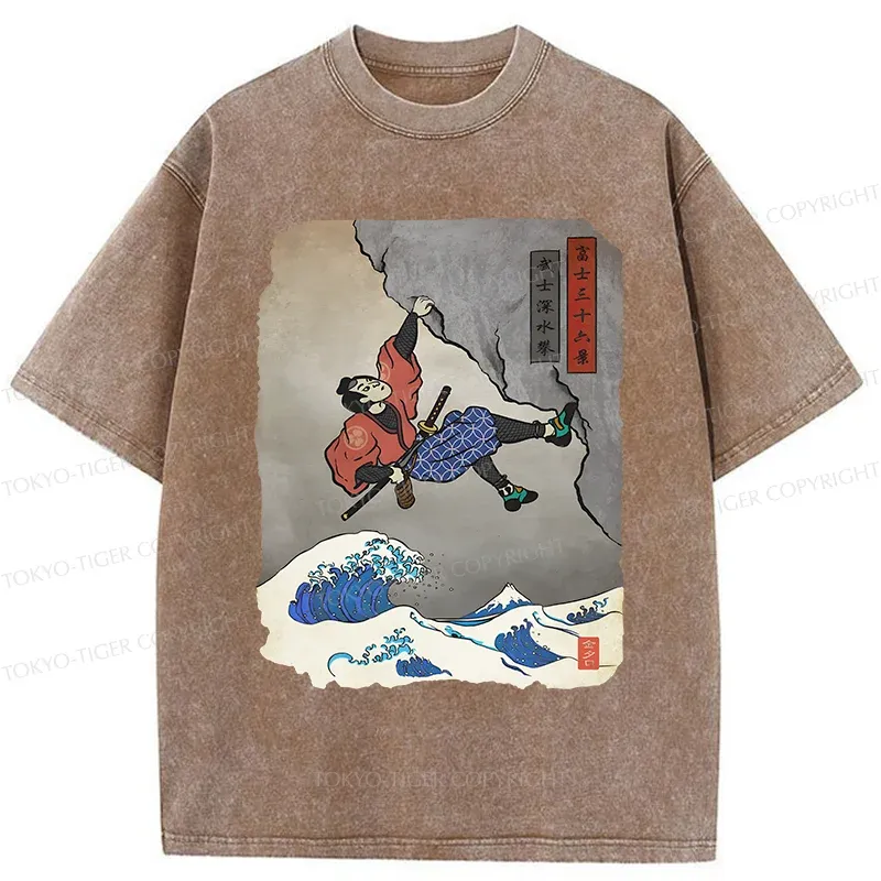 Tokyo-Tiger Japanese Samurai Rock Climbing Washed T-Shirt